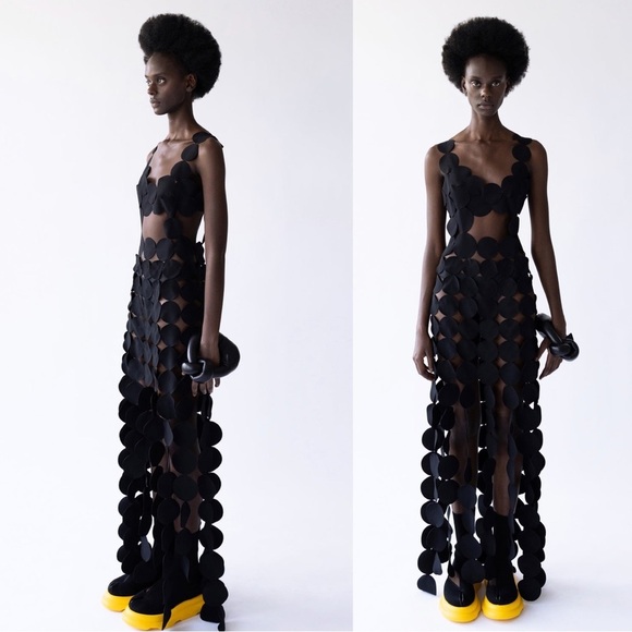 A.W.A.K.E. Mode Crepe Multi Circle Asymmetric Dress Black - Picture 3 of 16